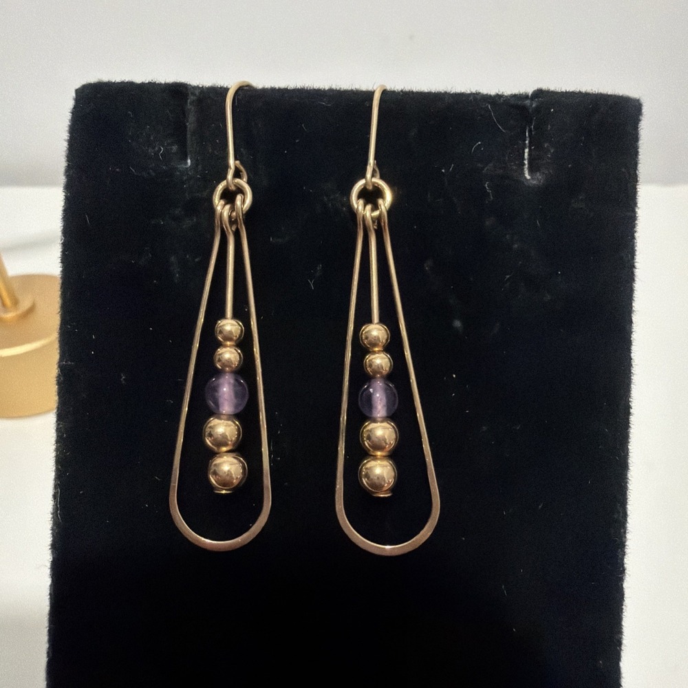 Vintage 14K Gold Filled Amethyst Bead Dangle Pierced Earrings 2” Purple Gold